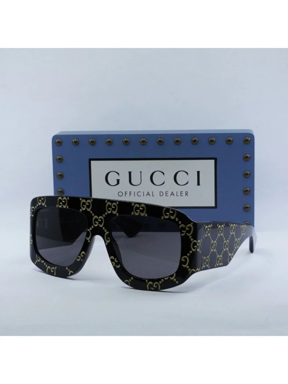 Gucci GG0983S 004 Square Sunglasses - Black With Gold GG Pattern / Grey